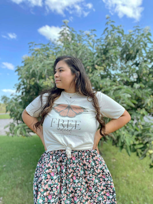 Free Indeed Monarch Butterfly Bible Verse Womens Graphic Tee