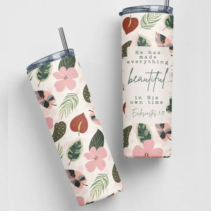He Has Made Everything Beautiful Bible Verse and House Plants Stainless Steel Double-Wall Insulated 20oz. Travel Tumbler With Straw For Hot or Cold Beverages