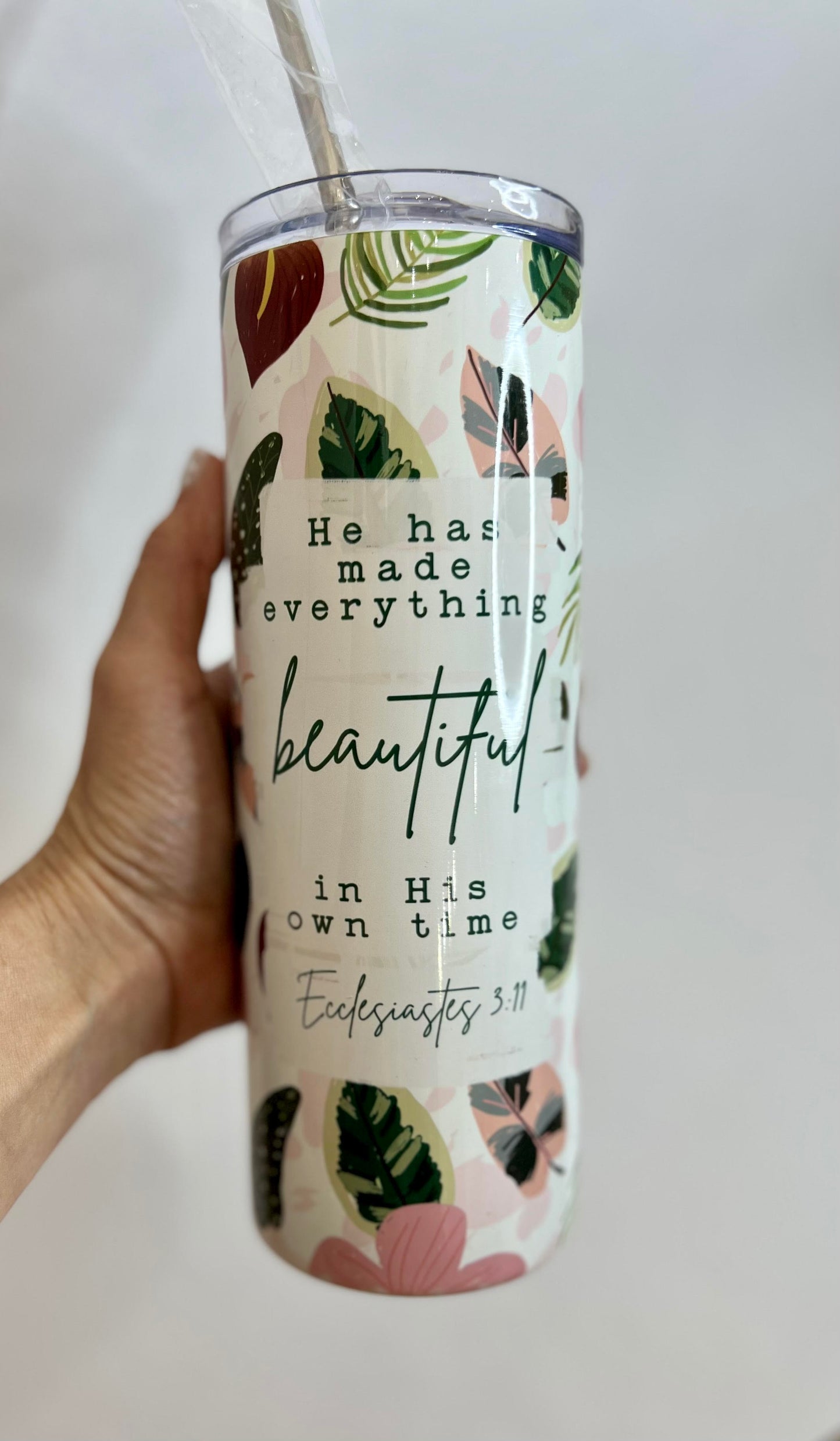 He Has Made Everything Beautiful Bible Verse and House Plants Stainless Steel Double-Wall Insulated 20oz. Travel Tumbler With Straw For Hot or Cold Beverages