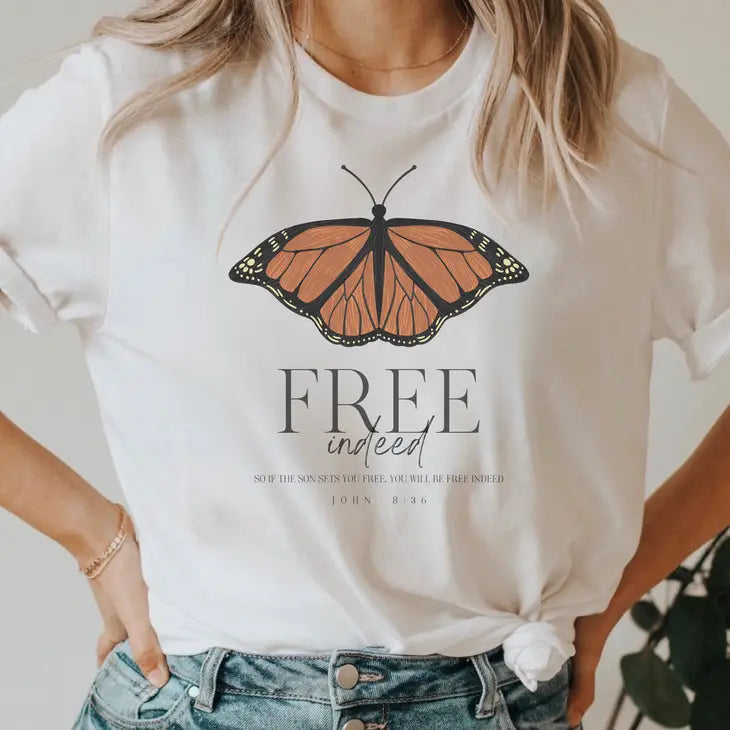 Free Indeed Monarch Butterfly Bible Verse Womens Graphic Tee